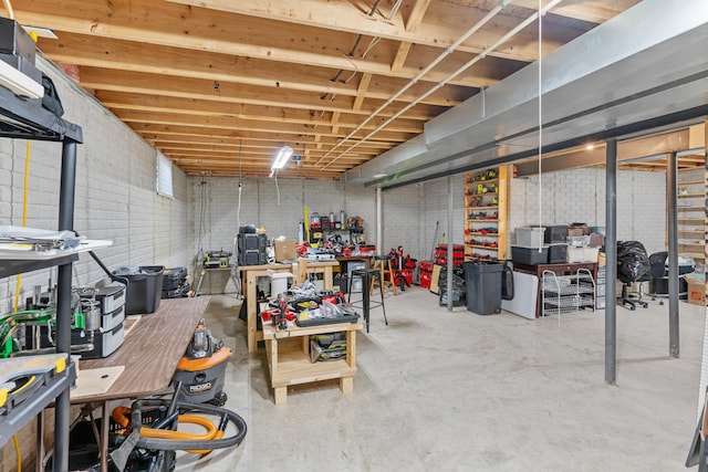 unfinished basement with a workshop area