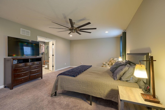 bedroom with recessed lighting, visible vents, baseboards, and carpet