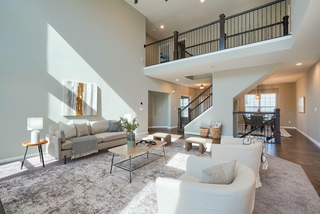 5511 Timber Heights Ln, Grove City, OH 43123 - living room featuring recessed lighting, baseboards, a high ceiling, and wood finished floors