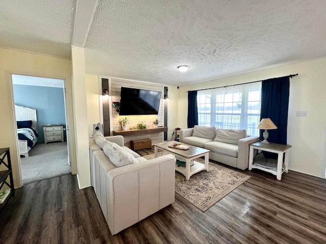 living area with dark wood-type flooring and a textured ceiling