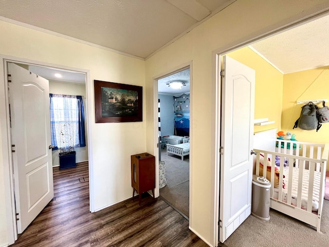 hallway with dark wood finished floors and a textured ceiling