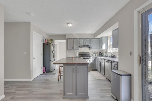 kitchen featuring gray cabinetry, under cabinet range hood, a breakfast bar, appliances with stainless steel finishes, and a sink