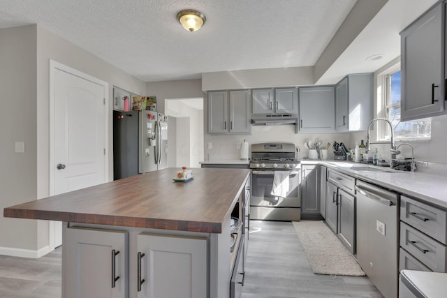 kitchen featuring butcher block counters, under cabinet range hood, appliances with stainless steel finishes, and gray cabinetry