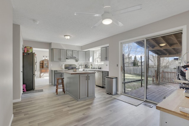 kitchen featuring light wood-type flooring, gray cabinetry, a sink, a center island, and appliances with stainless steel finishes