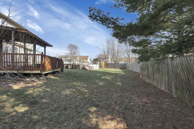 view of yard with a wooden deck and a fenced backyard