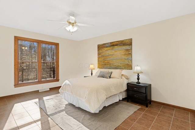 tiled bedroom featuring visible vents, baseboards, and ceiling fan