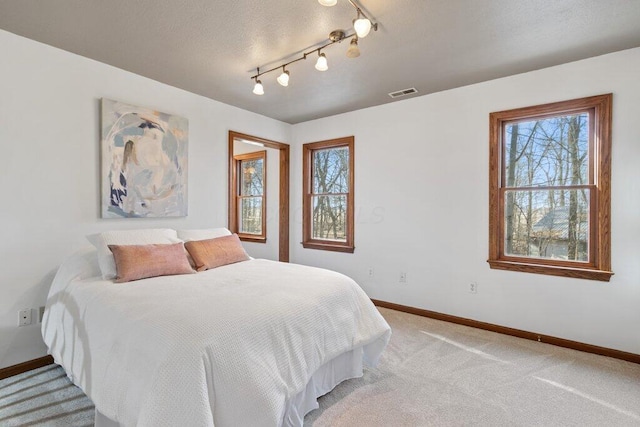 bedroom with multiple windows, baseboards, visible vents, and light carpet