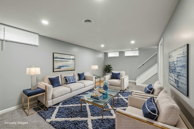 carpeted living room featuring stairway, recessed lighting, baseboards, and visible vents