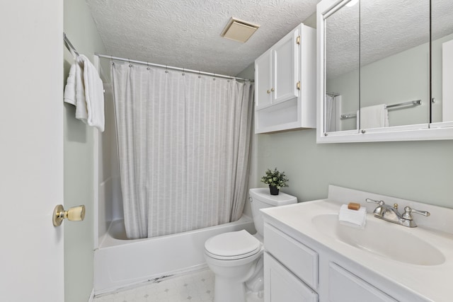 full bath featuring a textured ceiling, toilet, tile patterned floors, vanity, and shower / bath combo with shower curtain