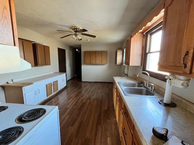 380 W Neff St, Morral, OH 43337 - kitchen with a sink, white electric range oven, brown cabinetry, light countertops, and ceiling fan