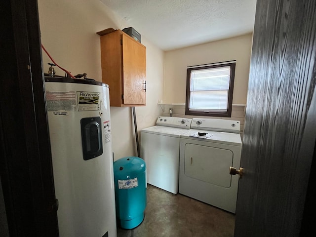380 W Neff St, Morral, OH 43337 - clothes washing area featuring water heater, cabinet space, a textured ceiling, and washer and clothes dryer