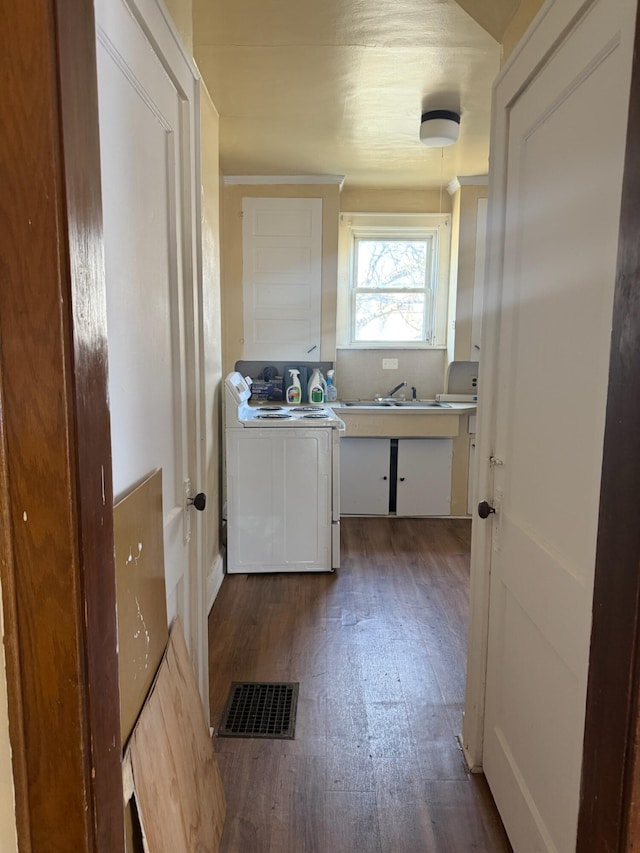 interior space with dark wood finished floors, visible vents, laundry area, and a sink