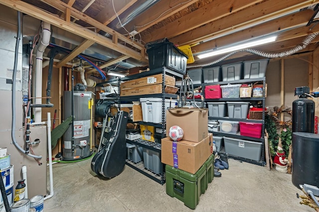 storage area featuring water heater