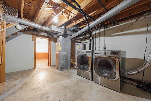 unfinished below grade area featuring heating unit, separate washer and dryer, and water heater