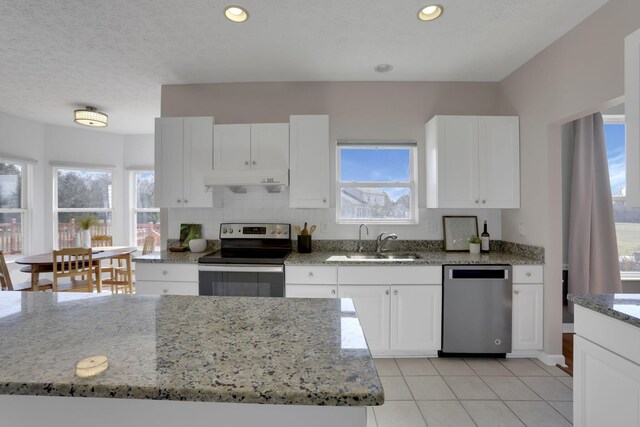 kitchen with under cabinet range hood, a wealth of natural light, white cabinets, stainless steel appliances, and a sink