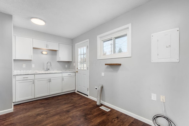 kitchen with electric panel, dark wood finished floors, baseboards, and a sink