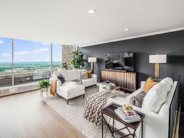 living room featuring radiator, wood finished floors, recessed lighting, ornamental molding, and expansive windows