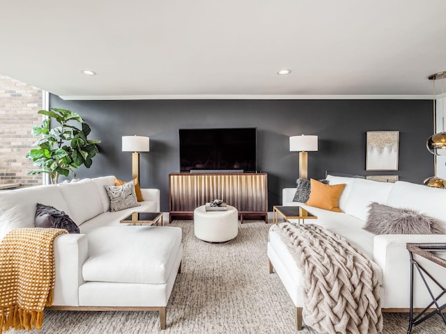 carpeted living room featuring recessed lighting and an accent wall