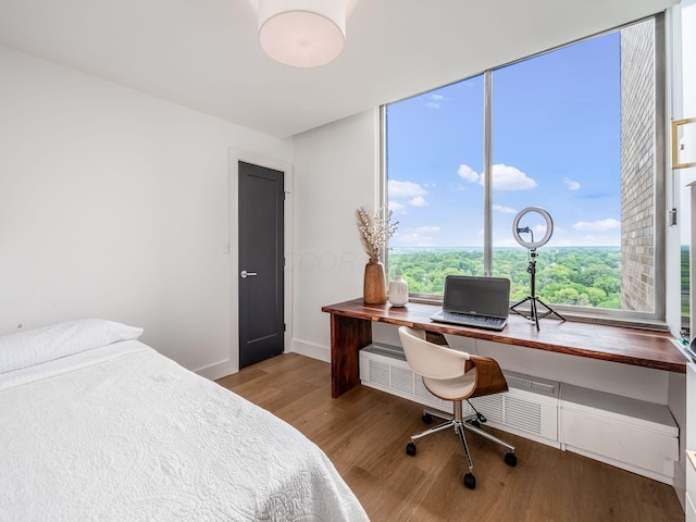 bedroom with wood finished floors and baseboards