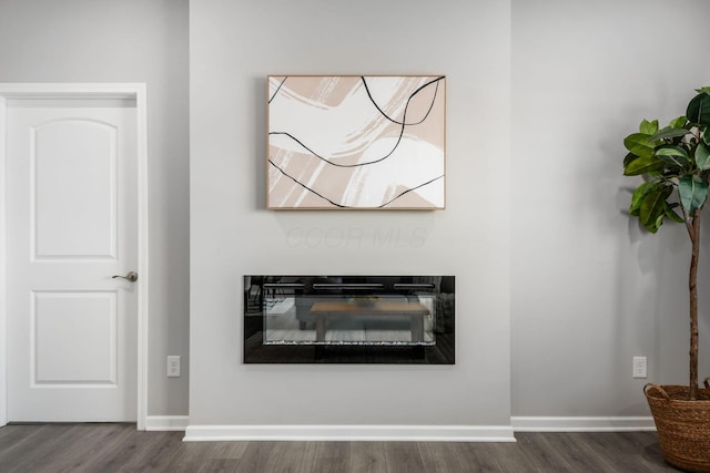 room details featuring a glass covered fireplace, wood finished floors, and baseboards