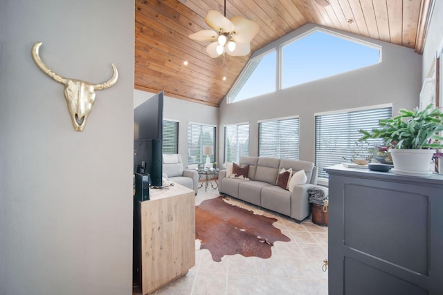 living room with light tile patterned floors, high vaulted ceiling, wooden ceiling, and ceiling fan