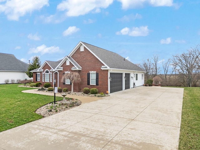 view of front facade with brick siding, an attached garage, concrete driveway, and a front lawn