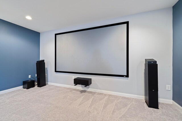 cinema featuring recessed lighting, baseboards, and carpet floors