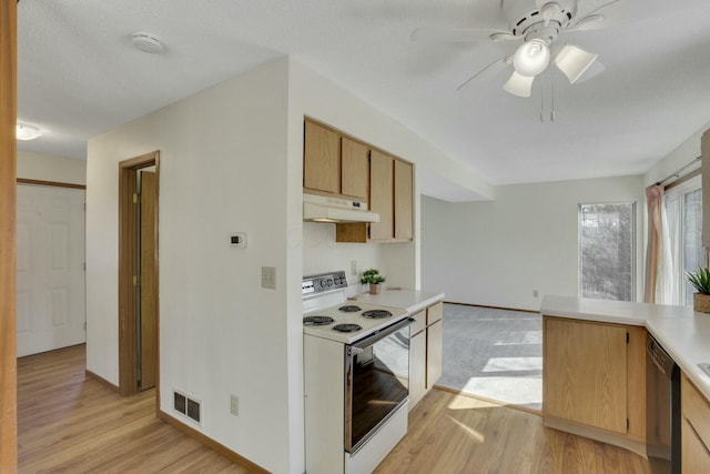 kitchen with visible vents, light countertops, under cabinet range hood, dishwasher, and white electric range