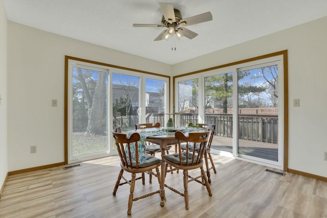 dining room featuring light wood-style flooring, plenty of natural light, and baseboards