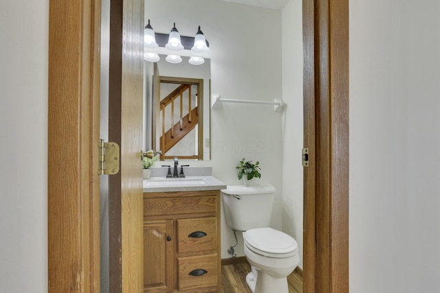 bathroom featuring vanity, toilet, and wood finished floors