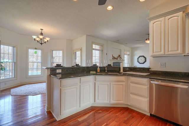 kitchen with stainless steel dishwasher, hardwood / wood-style flooring, a fireplace, and ceiling fan with notable chandelier