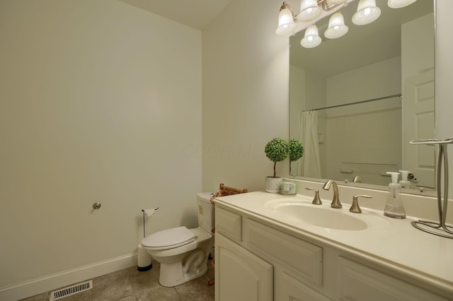 bathroom with tile patterned flooring, visible vents, baseboards, toilet, and vanity