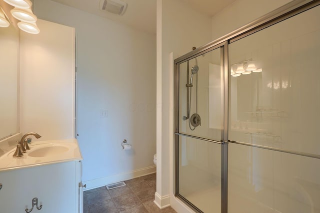 full bath with visible vents, vanity, toilet, and a shower stall