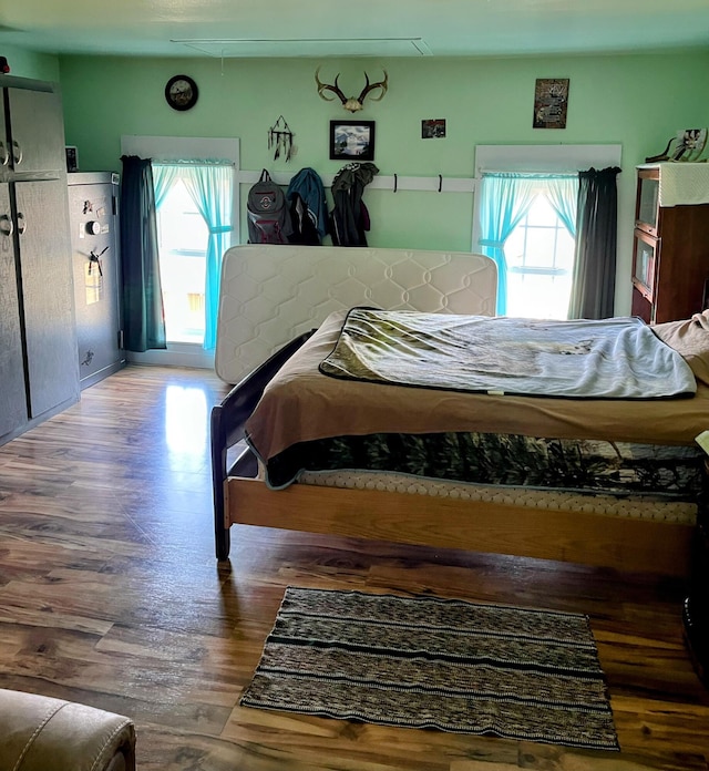 bedroom featuring multiple windows and wood finished floors