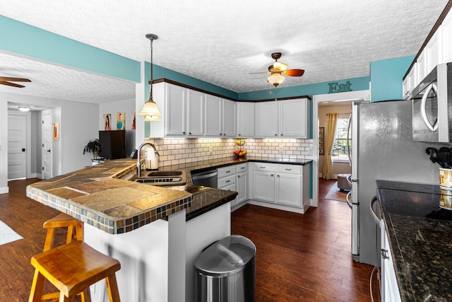 kitchen featuring a sink, ceiling fan, a peninsula, stainless steel appliances, and dark wood-style flooring