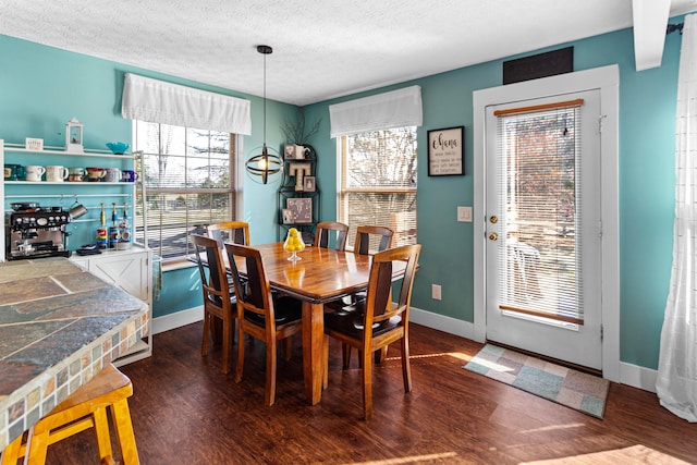 dining area featuring a textured ceiling, baseboards, and wood finished floors