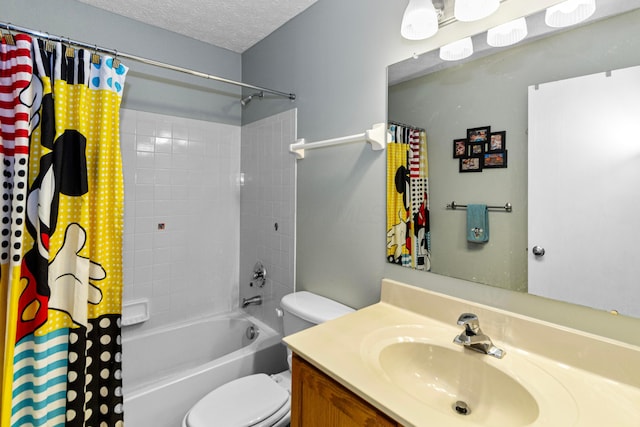 full bathroom featuring shower / bath combination with curtain, toilet, a textured ceiling, and vanity