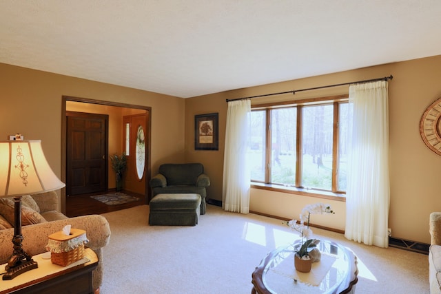 carpeted living area with baseboards