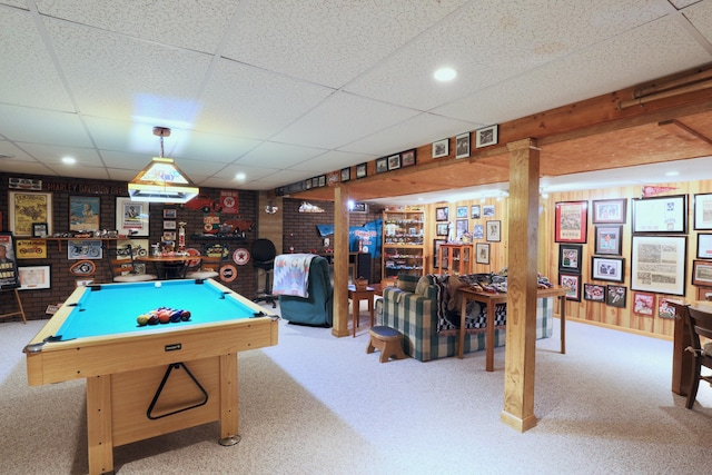 rec room featuring billiards, a dry bar, carpet, and a drop ceiling