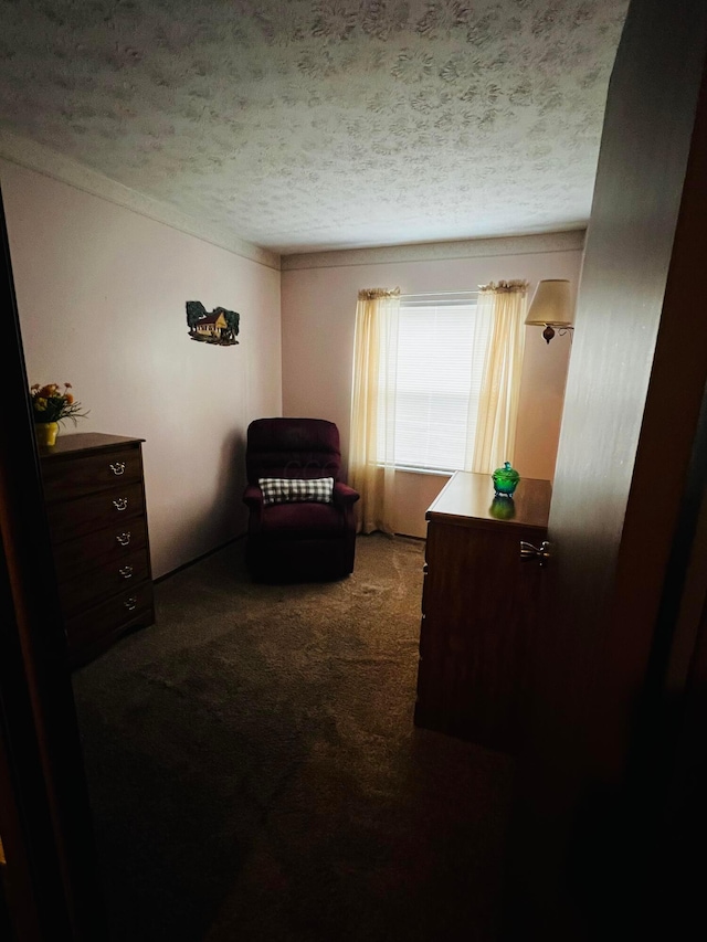 bedroom featuring a textured ceiling and dark colored carpet