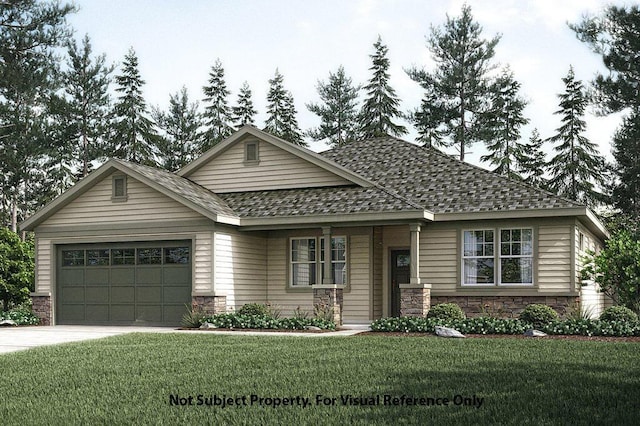 2010 Ridgebrook Rd, Lancaster, OH 43130 - view of front of home featuring stone siding, a garage, driveway, a front lawn, and a shingled roof