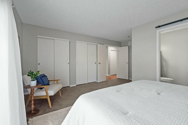 carpeted bedroom featuring two closets and a textured ceiling