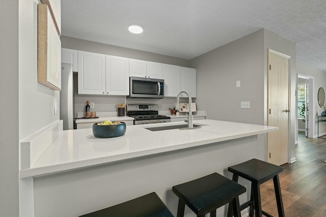 kitchen featuring light countertops, dark wood-style floors, white cabinets, stainless steel appliances, and a sink