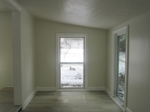 spare room with wood finished floors, baseboards, and a textured ceiling