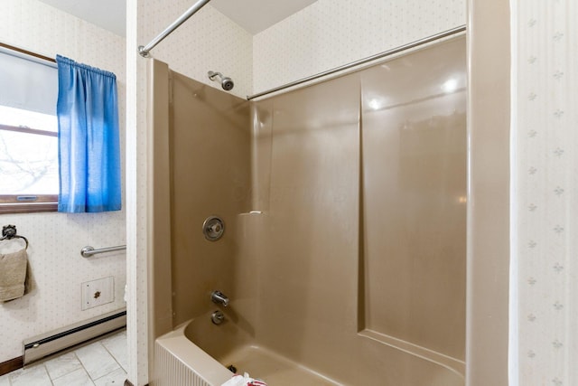 bathroom featuring a baseboard heating unit, shower / bath combination, tile patterned flooring, and wallpapered walls