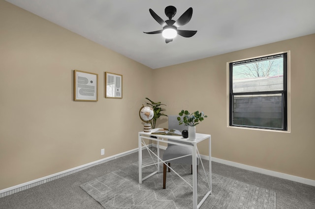 office with carpet flooring, baseboards, and ceiling fan