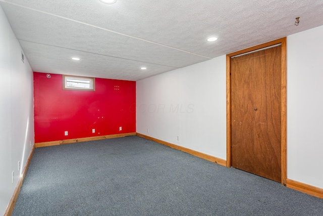 interior space with recessed lighting, a textured ceiling, baseboards, and carpet floors