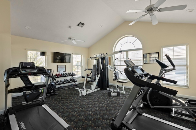 gym featuring lofted ceiling, a ceiling fan, visible vents, and baseboards