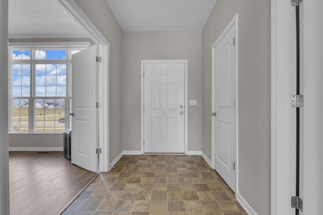 foyer entrance featuring stone finish floor and baseboards