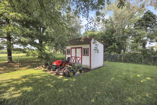 view of shed with a fenced backyard